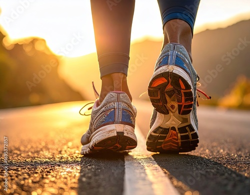 Runner's Feet on Asphalt Road at Sunset