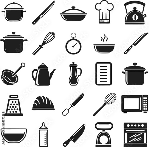 Compilation of kitchenware icons including pots, knives, and appliances in a vector format