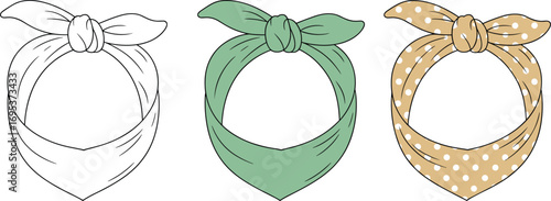 Fashion bandana neck scarf flat vector illustration, stylish accessory design, fabric head scarf with polka dots, plain and outline template