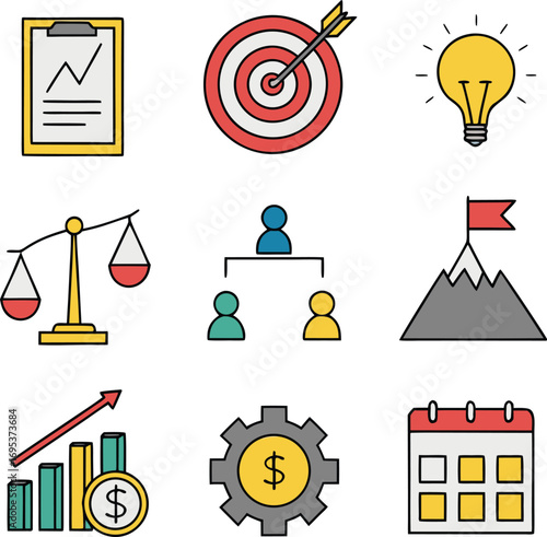 Illustration of business and financial icons including a target and a light bulb and a calendar