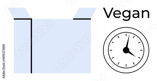 Open box with sharp edges, Vegan text representing plant-based products, and clock symbolizing time management. Ideal for packaging, food delivery, diet planning, eco-conscious living, meal