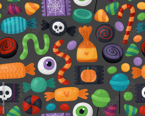 Seamless pattent for Halloween. Different candies, lollipops, caramel, gummy worms, gummy eyeballs on a black background. Trick or treat, Halloween treats, many sweets.