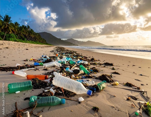 Sea Turtle Entangled in Plastic Debris on Tropical Beach at Sunset