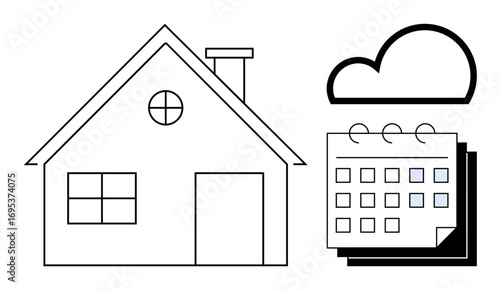 Outline of a house beside a cloud and calendar representing planning, scheduling, remote access, home management, time management, savings, and organization. Ideal for home management concept in