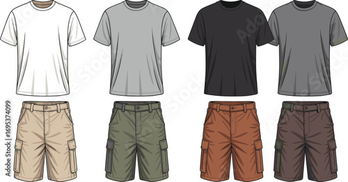 Men’s casual t shirt with cargo shorts fashion flat sketch, front view clothing template, apparel design vector, summer outfit illustration