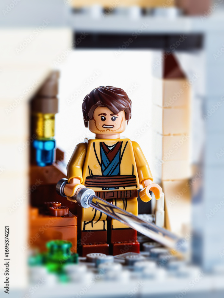 Fototapeta premium LEGO Star Wars Jedi Character Mini Figure, Jedi Knight Minifigure With Lightsaber, London, UK