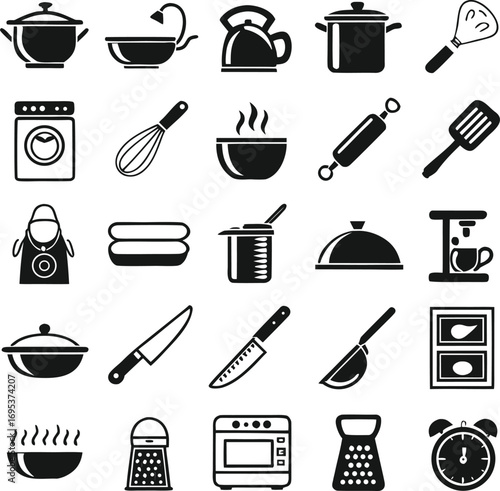 Collection of kitchen utensils and appliances in black and white vector illustration style image design