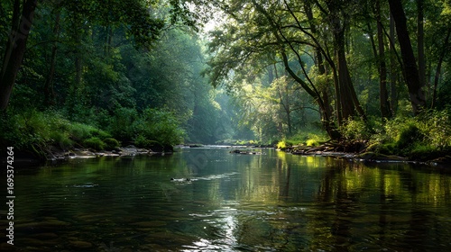 A tranquil river winds through a dense, verdant forest, bathed in the soft morning light.