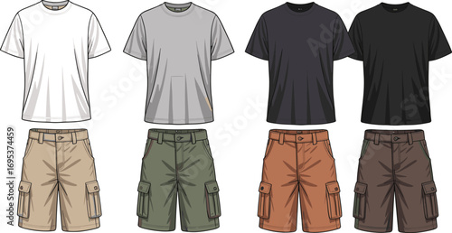 Men’s t shirt with cargo shorts fashion flat sketch vector, summer outfit clothing template, casual wear design, apparel illustration front view