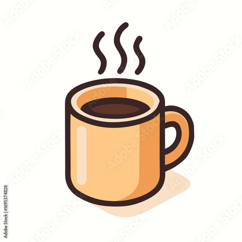 Cartoon flat style illustration of a steaming hot coffee mug with dark brew.  
