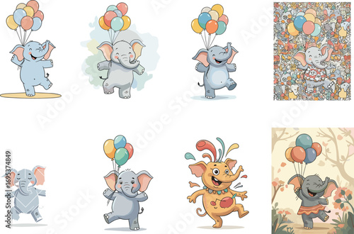Cute cartoon elephants holding colorful balloons, happy dancing animals, joyful kids illustration, playful celebration, fun character art, cheerful fantasy design