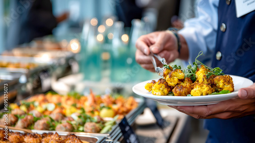 Event catering: person holding a plate of seasoned cauliflower and other dishes on a buffet table. Ready to enjoy!