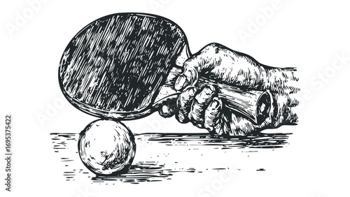 Woodcut style hand holding ping pong paddle balanced on ball. Vector hand drawn illustration