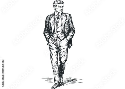 Sketch of a man in a suit with hands in pockets. Vector hand drawn illustration