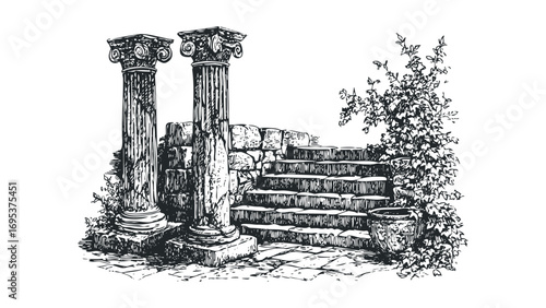 Ancient stone stairs and classical columns with ivy on transparent background. Vector hand drawn illustration