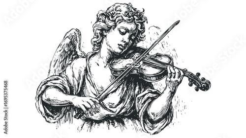 Angel playing violin with transparent background. Vector hand drawn illustration