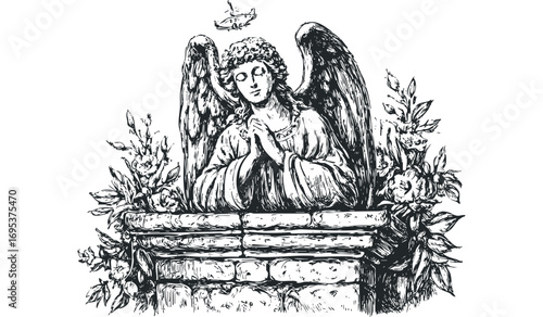 Pensive Angel with Wings and Roses on Stone, Black and White Drawing. Vector hand drawn illustration