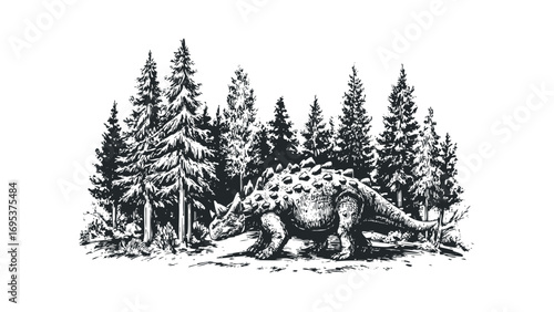 Woodland scene with a prehistoric dinosaur. Vector hand drawn illustration