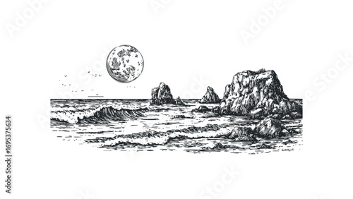 Moonlit ocean waves crash against rocky shore. Vector hand drawn illustration