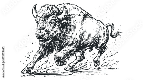 Powerful bison charging forward on a transparent background. Vector hand drawn illustration