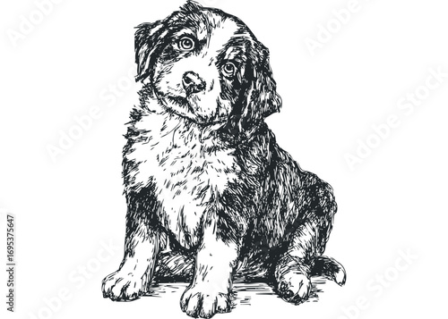 Hand drawn sketch of a fluffy puppy sitting on a transparent background. Vector hand drawn illustration