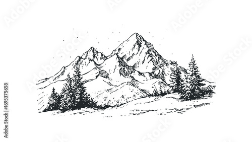 Hand drawn sketch of rugged mountain peaks with pine trees. Vector hand drawn illustration