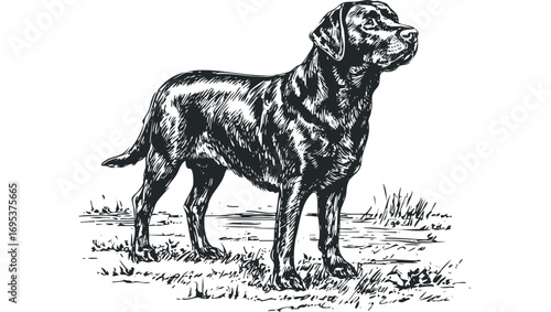 Black Labrador Dog Standing on Grass in Sketch Style. Vector hand drawn illustration