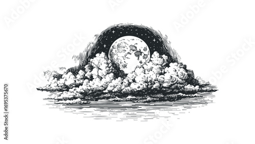 Full moon and stars emerging from detailed clouds. Vector hand drawn illustration