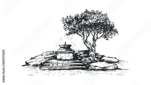 Hand drawn sketch of ancient monument beside gnarled tree. Vector hand drawn illustration