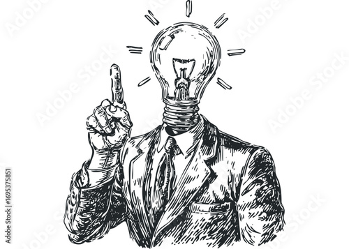 Man with lightbulb for head and finger pointing upwards, image. Vector hand drawn illustration