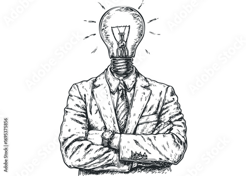 Man with glowing lightbulb head and crossed arms. Vector hand drawn illustration