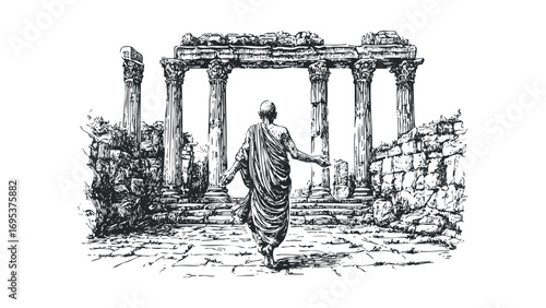 Monk walking among ancient ruins with columns. Vector hand drawn illustration