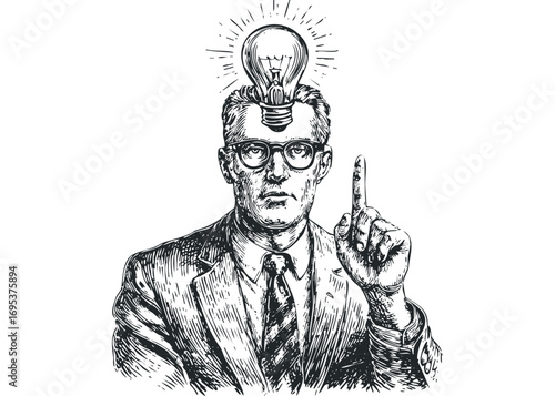 Man with Lightbulb Above Head and Raised Finger. Vector hand drawn illustration