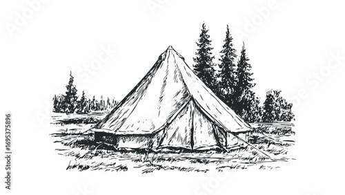 Sketchy tent pitched in a forest clearing. Vector hand drawn illustration