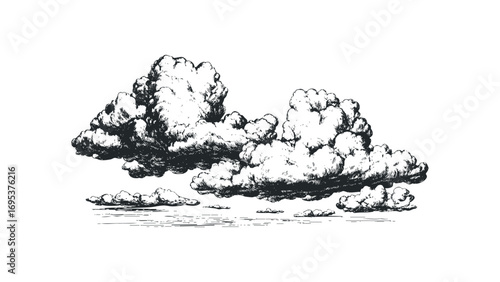 Detailed sketch of fluffy cumulus clouds on transparent background. Vector hand drawn illustration