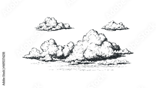 Sketchy Cumulus Clouds on Transparent Background. Vector hand drawn illustration
