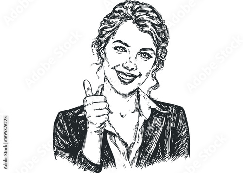 Sketch of a happy woman giving a thumbs up gesture. Vector hand drawn illustration