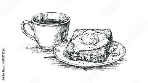 Sketch of hot coffee cup next to toast with fried egg on plate. Vector hand drawn illustration