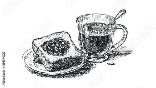 Sketch of jam toast on a plate with a mug of coffee and spoon. Vector hand drawn illustration