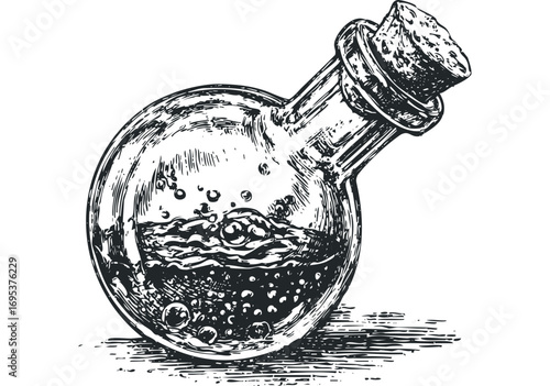 Ink Drawn Round Potion Bottle with Cork and Bubbles. Vector hand drawn illustration