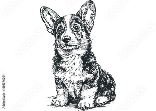 Pen and ink drawing of a Pembroke Welsh Corgi puppy sitting attentively. Vector hand drawn illustration