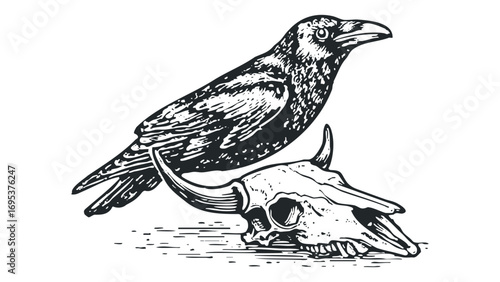 Crow perched on animal skull graphic. Vector hand drawn illustration