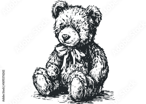 Sketch of a fuzzy teddy bear with a bow, transparent. Vector hand drawn illustration