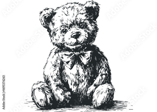 Black and white sketch of a classic teddy bear with a bow tie. Vector hand drawn illustration