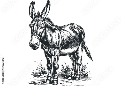 Sketch of a donkey standing on grass with ink lines on transparent background. Vector hand drawn illustration