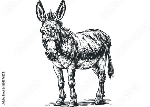 Sketch of a donkey standing on a white background,. Vector hand drawn illustration