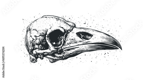 Raven skull monochrome sketch on transparent background. Vector hand drawn illustration