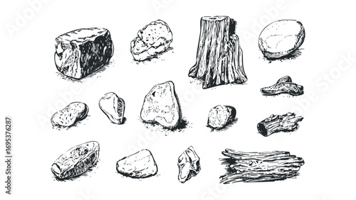 Collection of Natural Objects like Rocks and Wood Textures. Vector hand drawn illustration