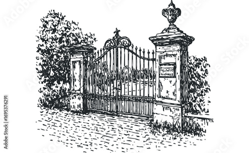 Ornate Wrought Iron Gate with Stone Pillars and Cobblestone Path. Vector hand drawn illustration