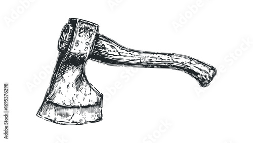 Vintage axe with wooden handle in sketchy monochrome on transparent background. Vector hand drawn illustration